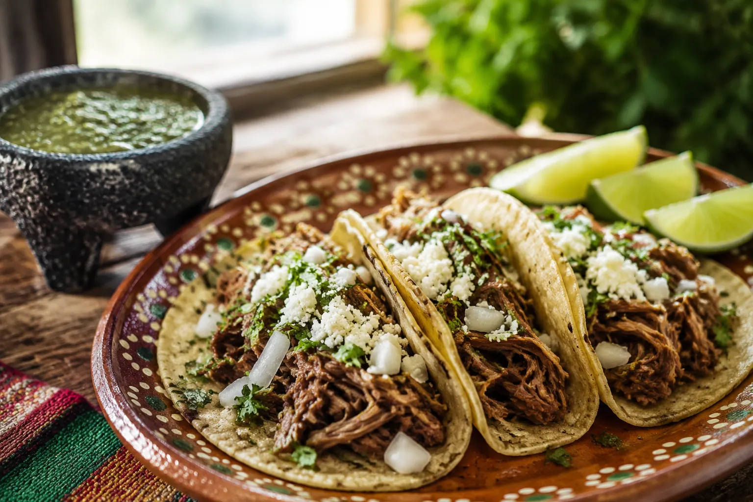 Machaca tacos served with lime, queso fresco, and salsa verde