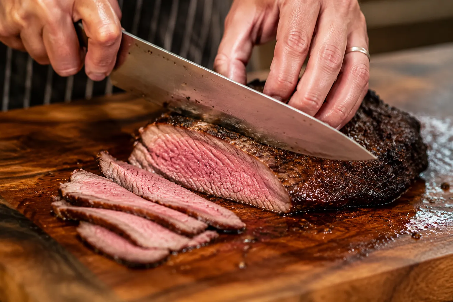 Slicing tri tip steak against the grain into thin pieces