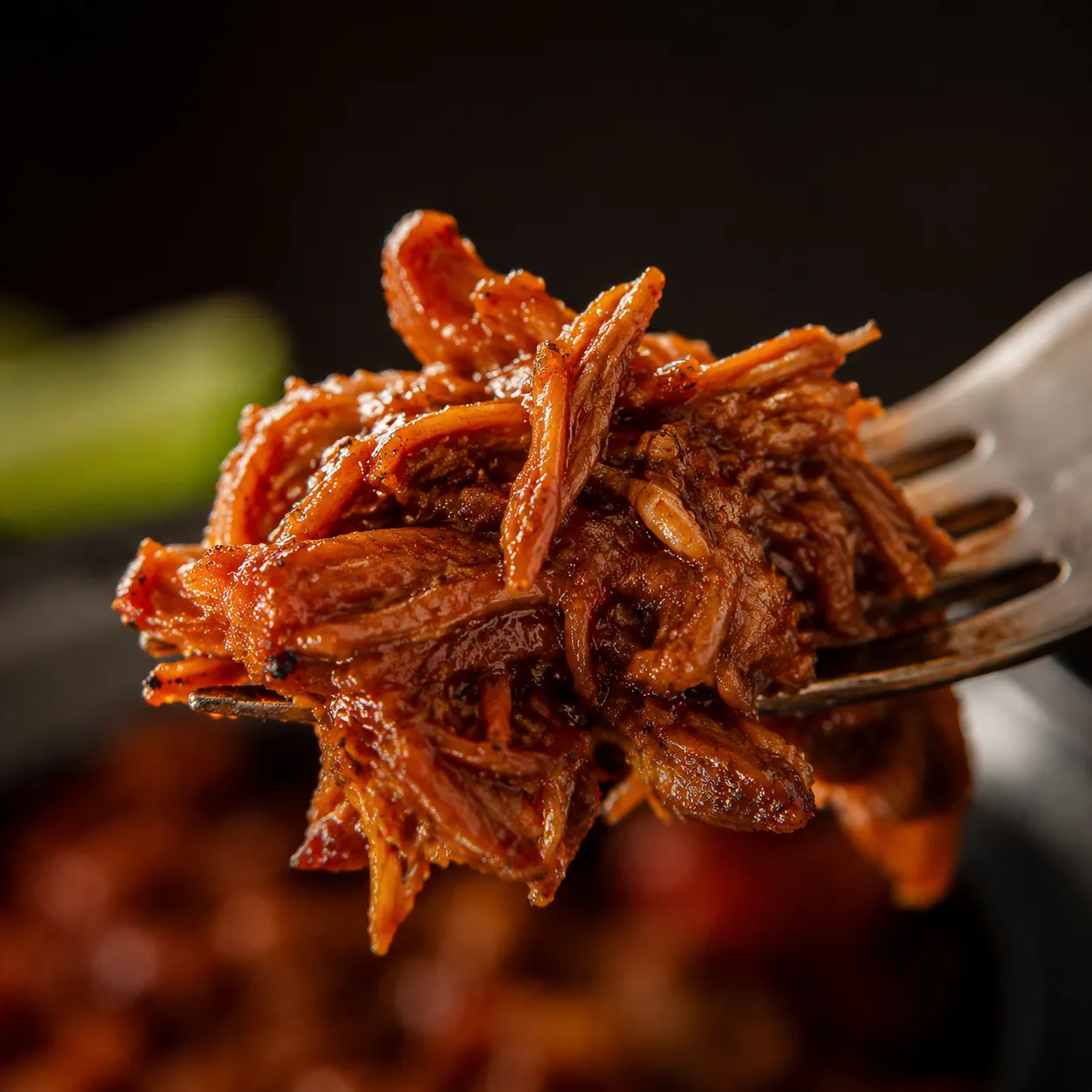Close-up of tender shredded machaca beef in red chile sauce