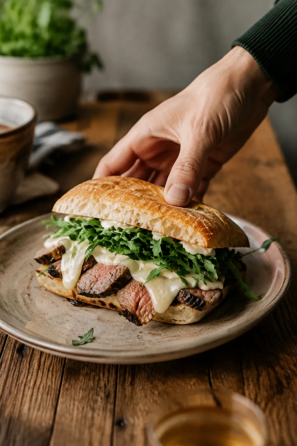 Leftover tri tip steak sandwich on toasted ciabatta with arugula