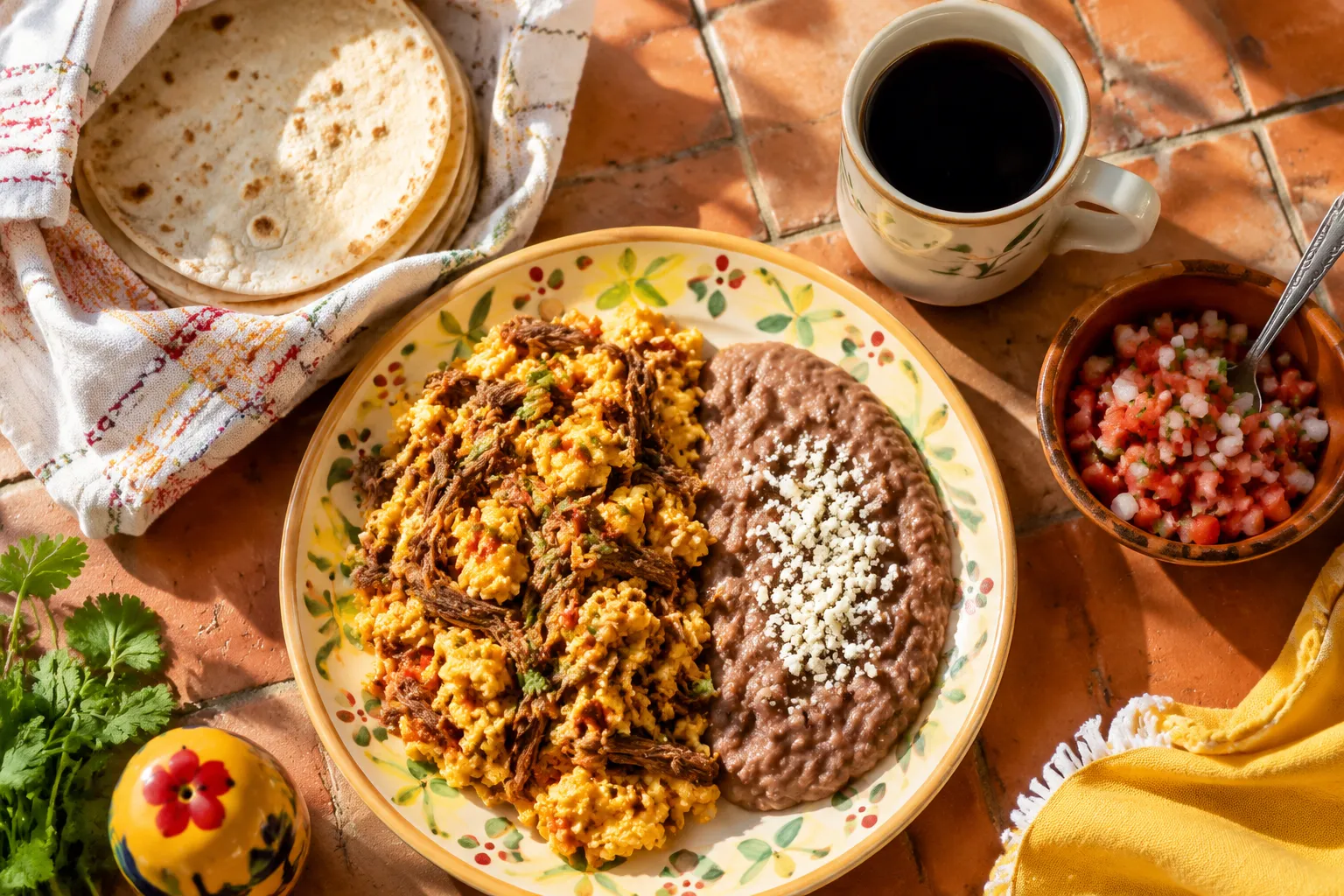 Machaca con huevos breakfast plate with eggs, beans, and tortillas
