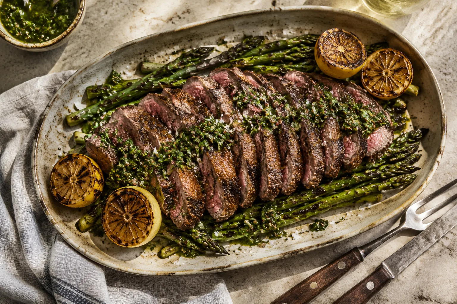 Sliced tri tip steak plated with chimichurri and grilled vegetables