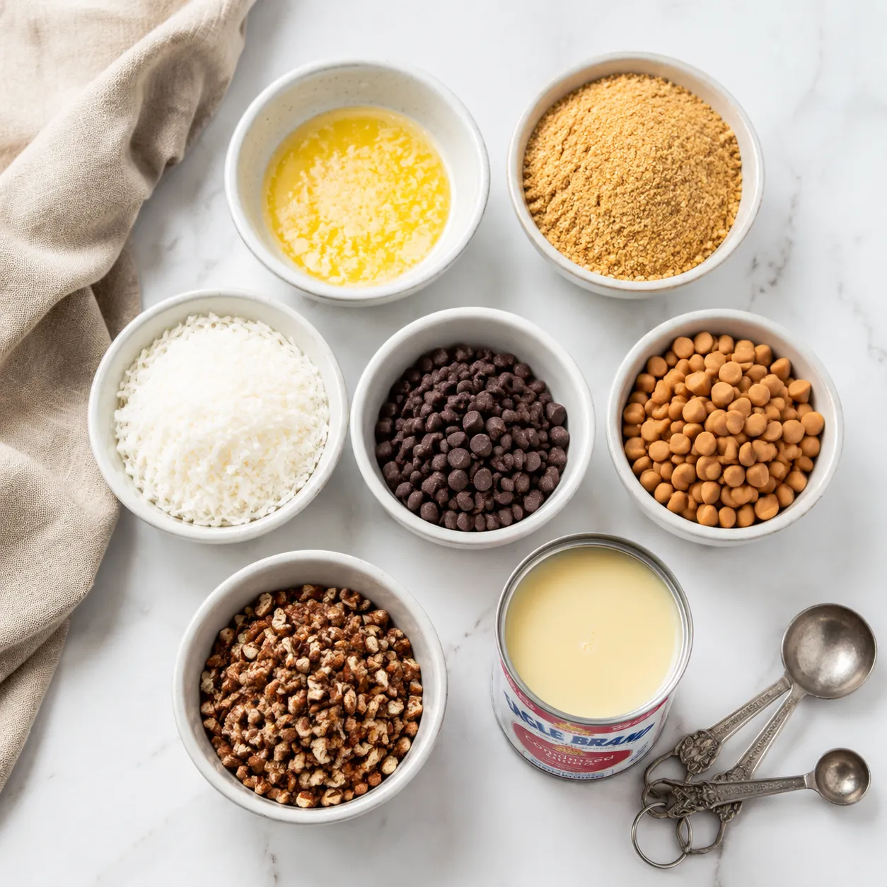 Ingredients for seven layer bars laid out in bowls on a marble counter