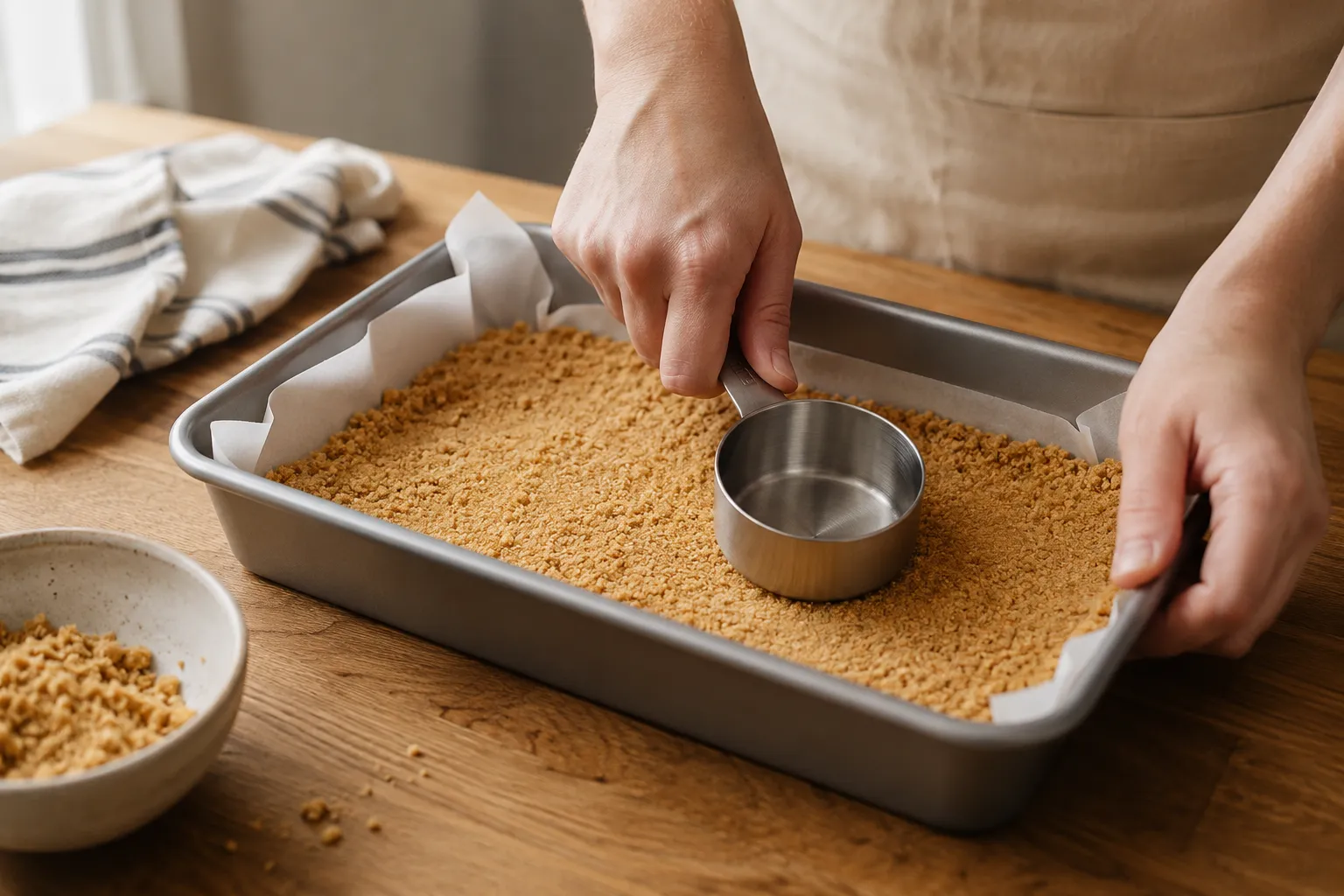 Pressing graham cracker crust into a 9x13 pan for 7 layer bars