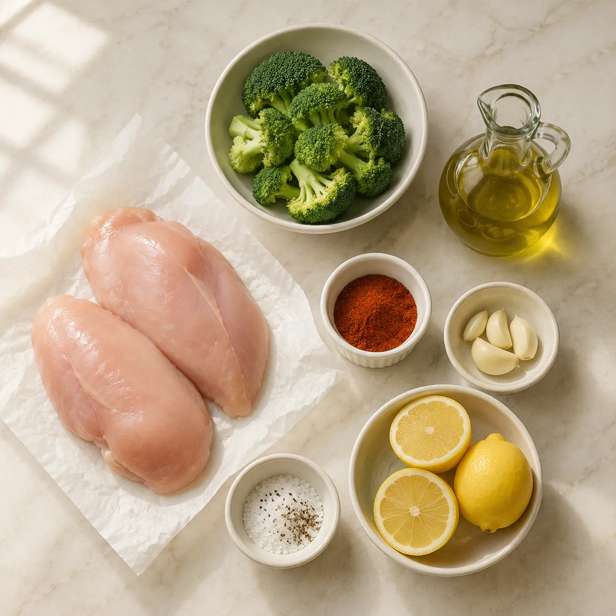 Ingredients for low calorie high protein sheet pan chicken and broccoli laid out on marble