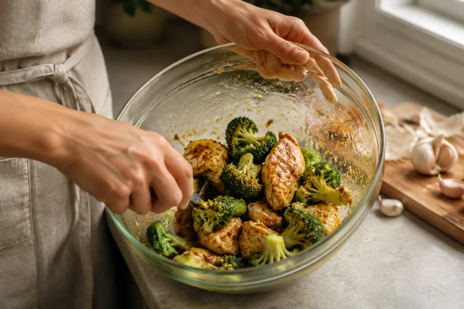 Tossing chicken and broccoli with olive oil and seasonings for high protein low calorie recipe