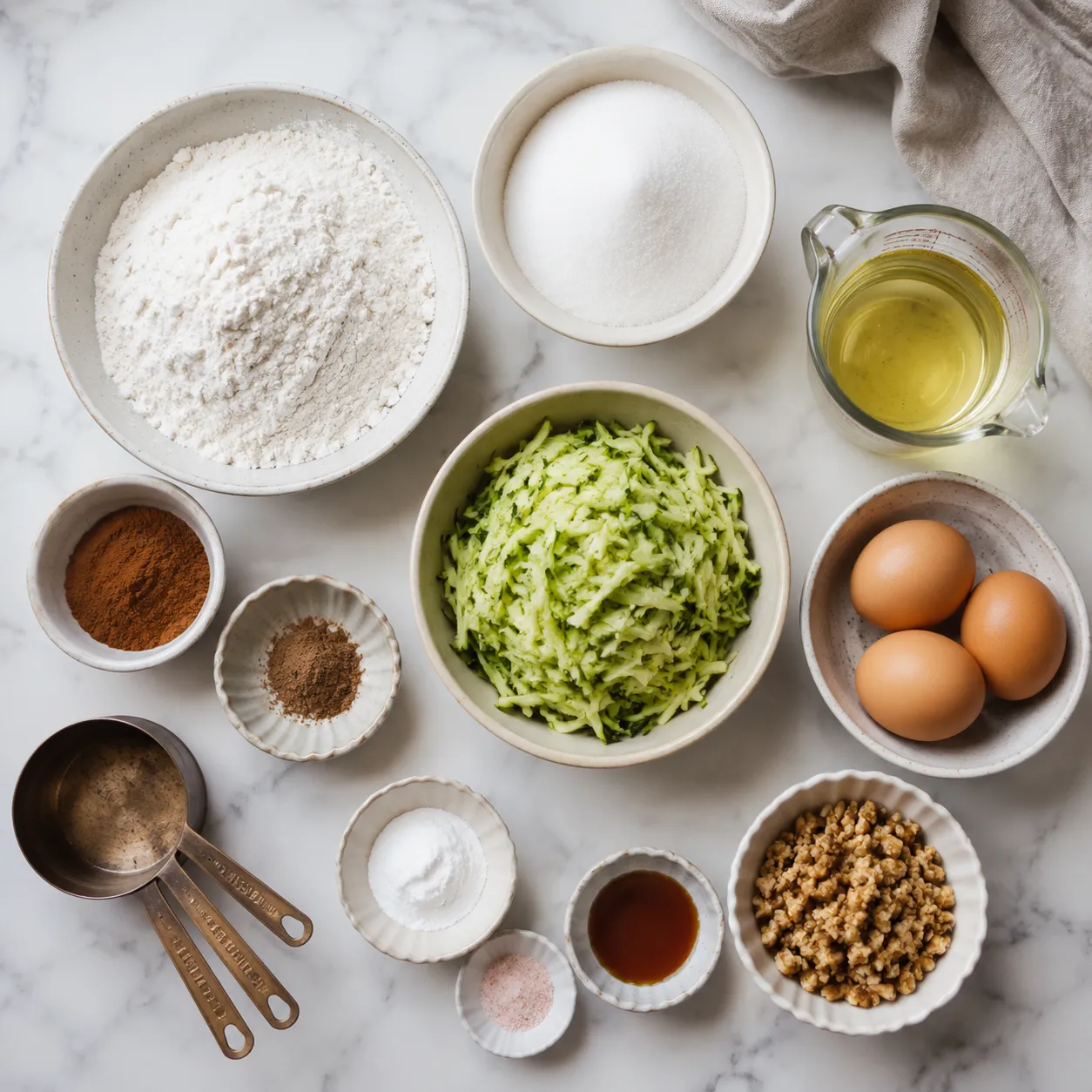 Ingredients for mom's zucchini bread laid out flatlay style