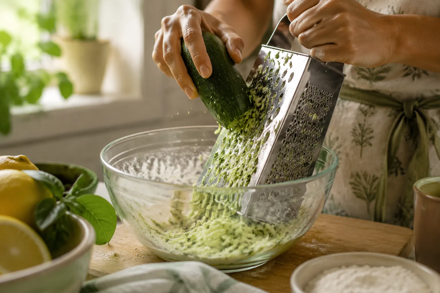 Shredding fresh zucchini for zucchini bread on a box grater