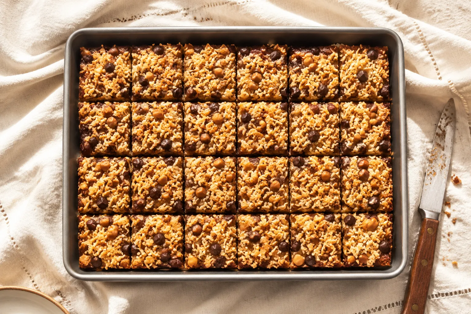 Pan of sliced seven layer bars with toasted coconut topping