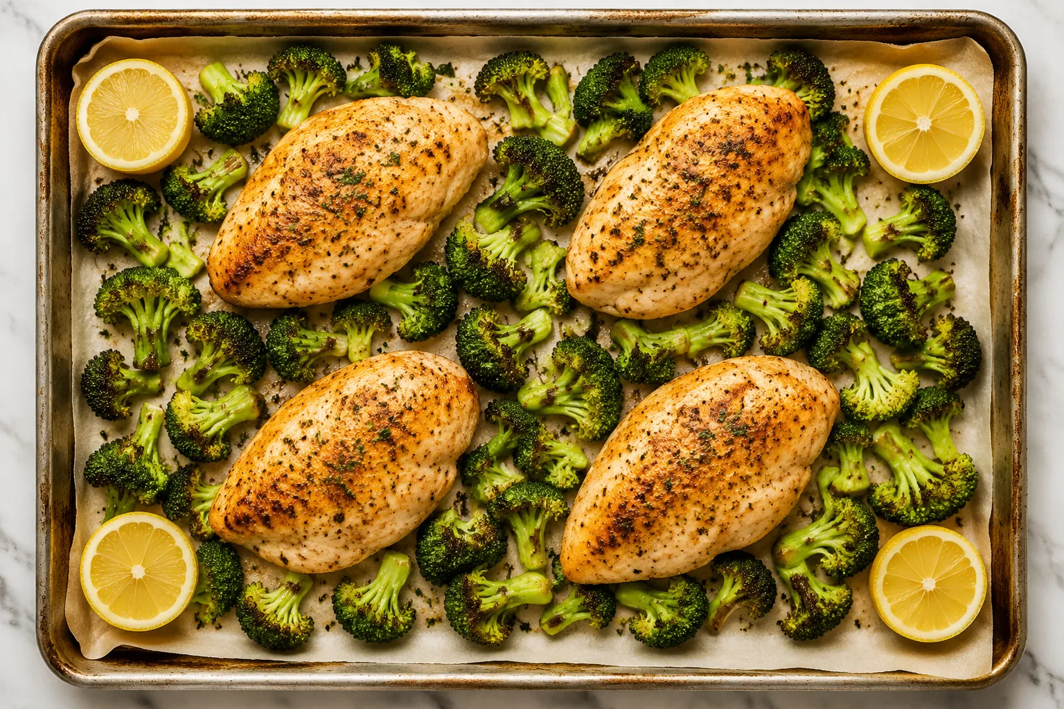 Sheet pan with seasoned chicken, broccoli, and lemon ready to bake