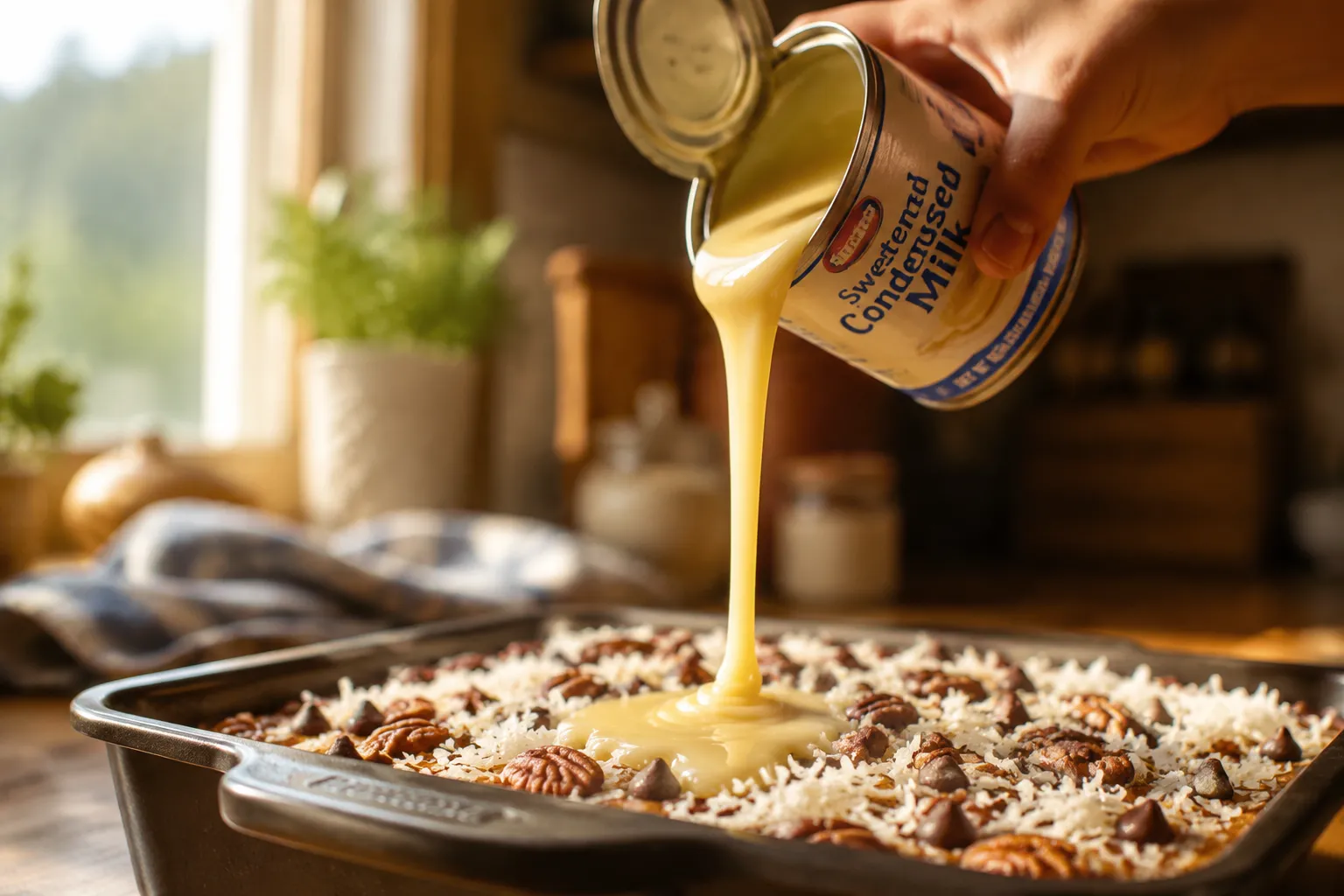 Pouring sweetened condensed milk over 7 layer bars before baking