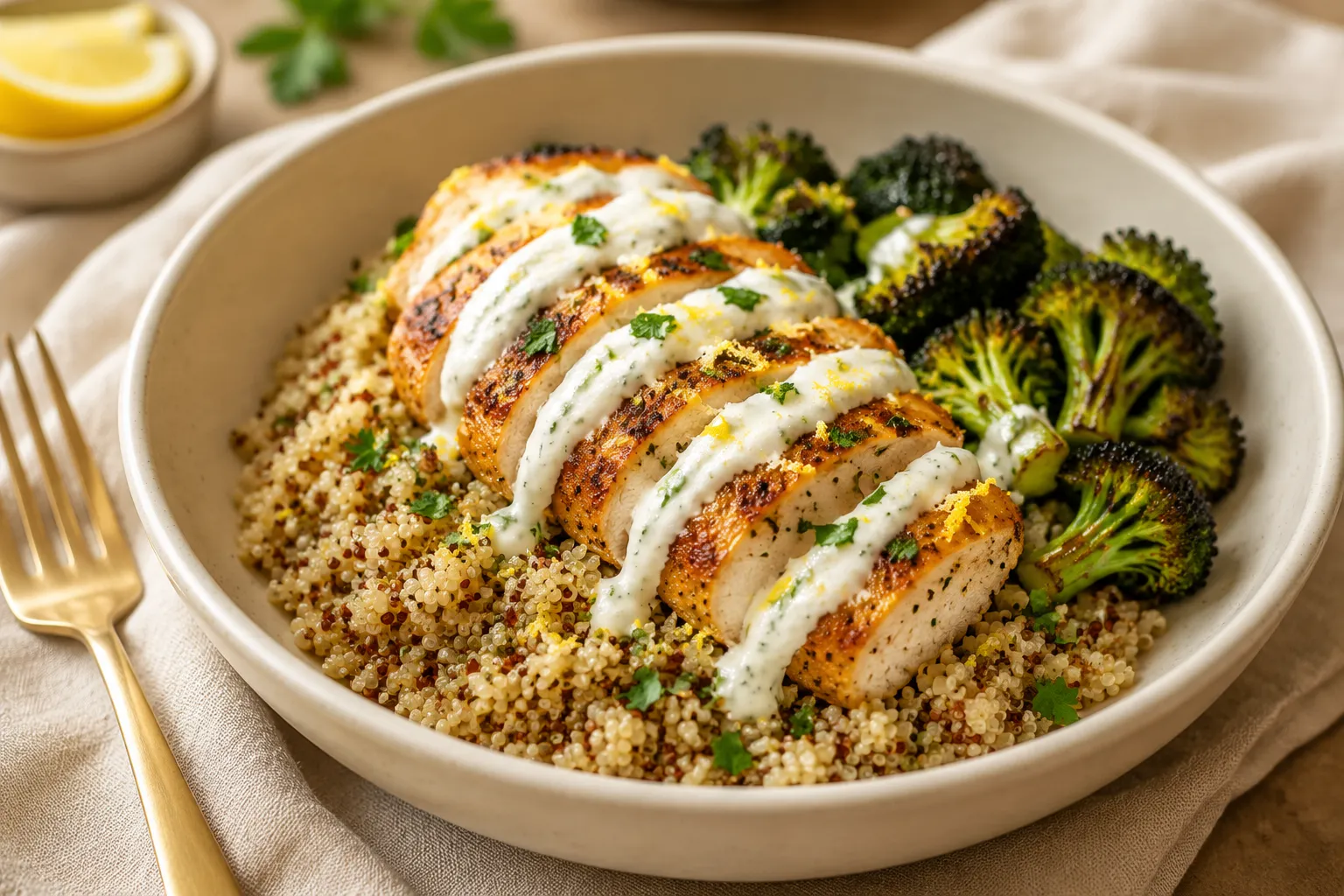 Plated low calorie high protein meal with chicken, broccoli, and quinoa