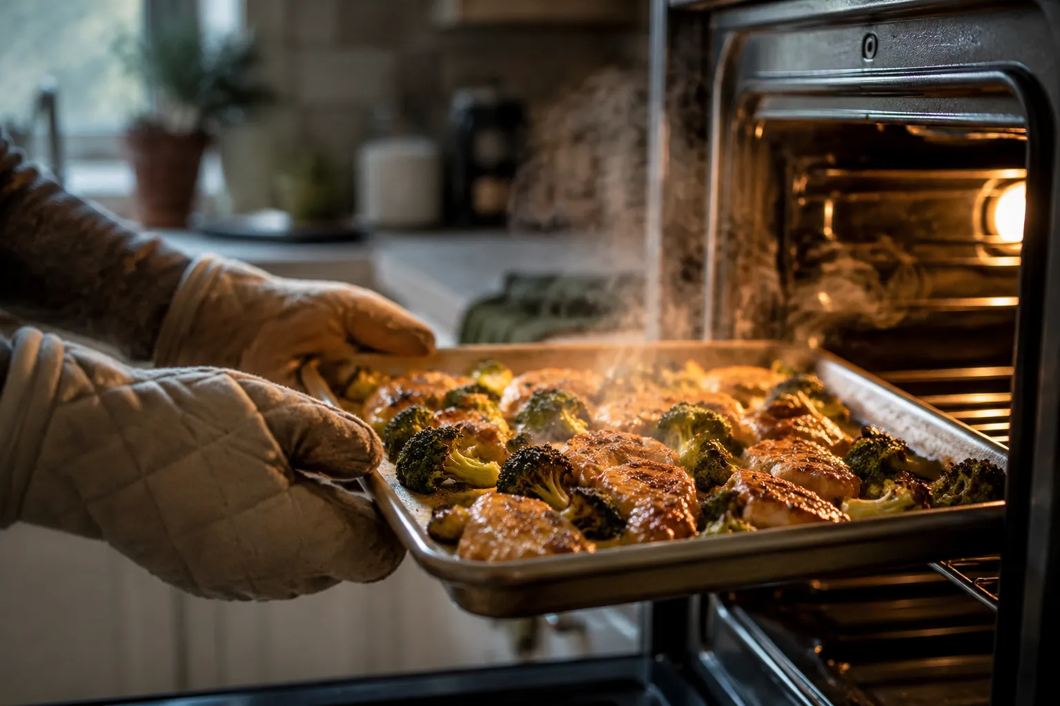 Sheet pan chicken and broccoli fresh from the oven for a high protein meal
