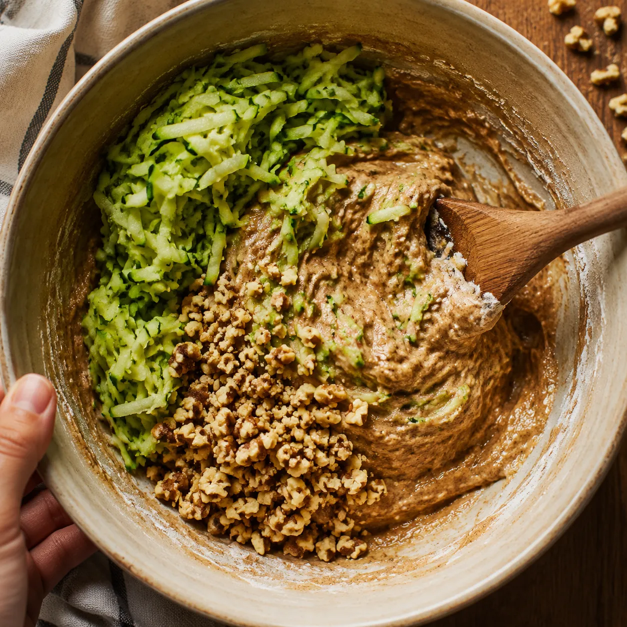 Folding shredded zucchini into spiced quick bread batter