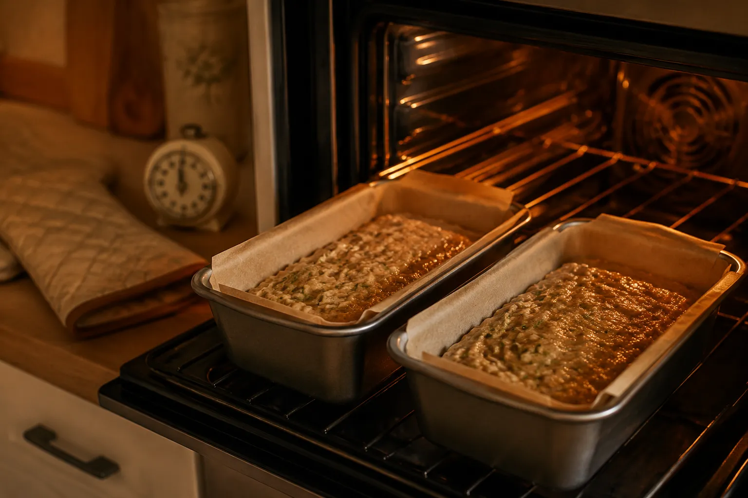 Zucchini bread loaf pans going into a preheated oven