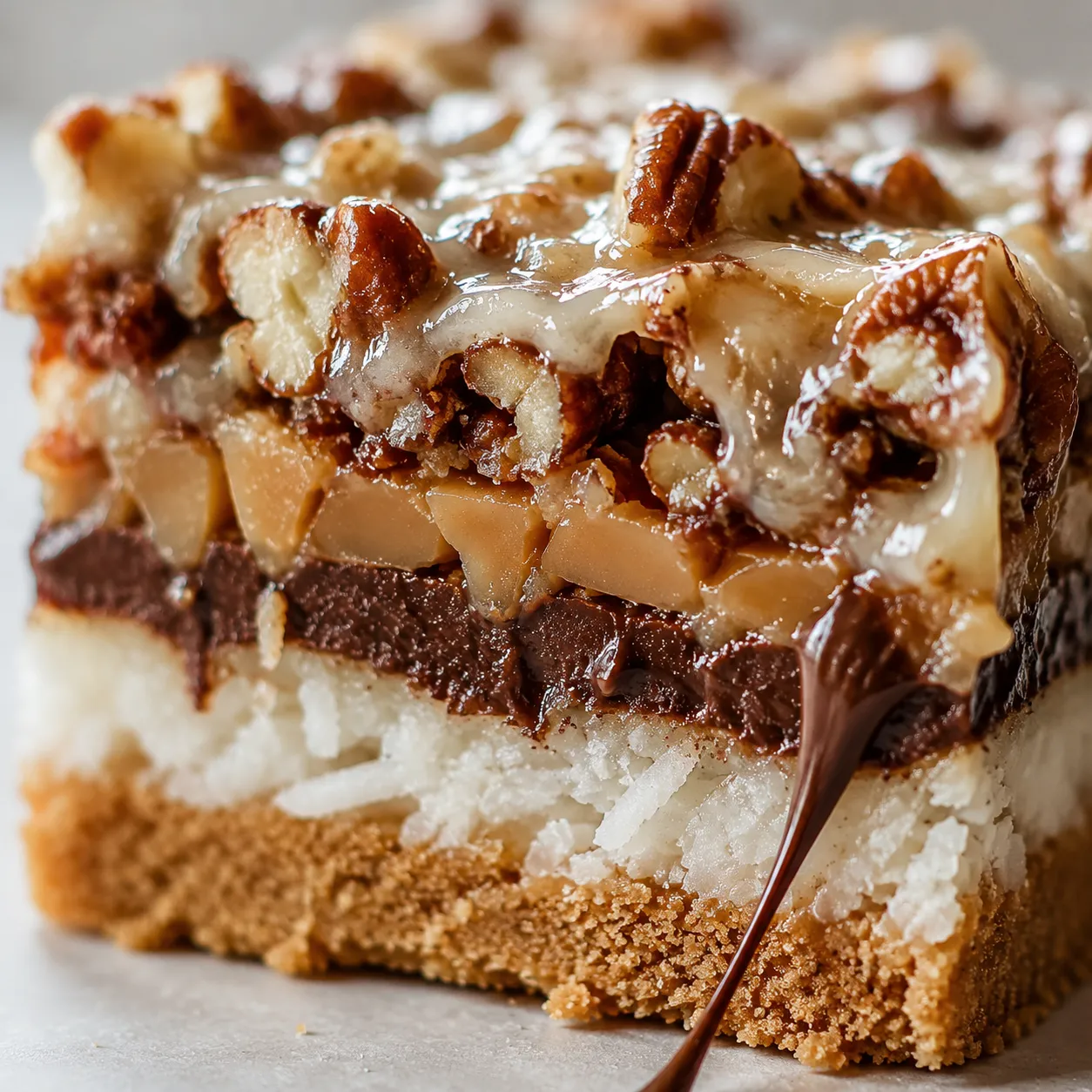 Macro close-up of a 7 layer bar cross-section showing all the layers