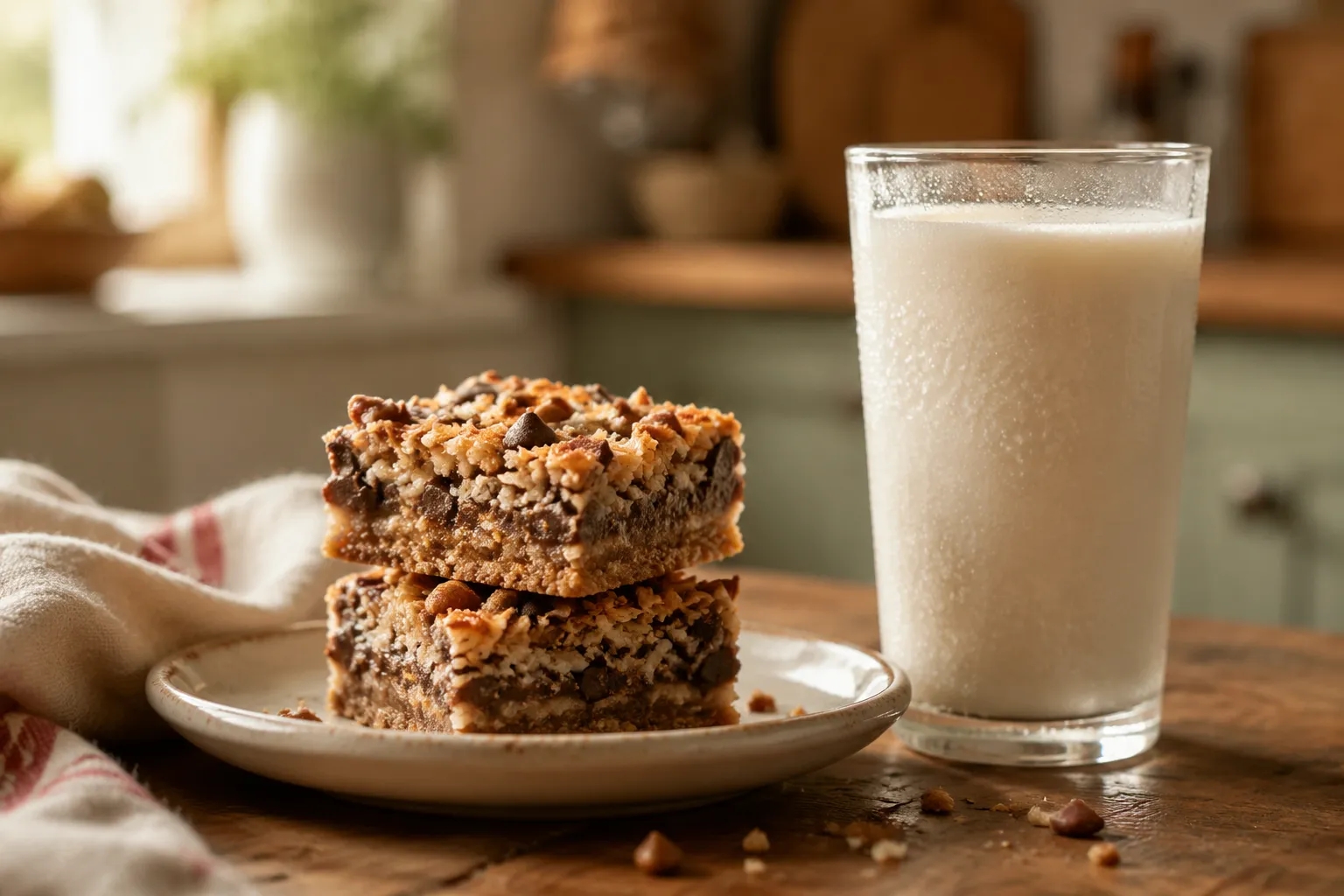 Seven layer bars served on a plate with a glass of cold milk