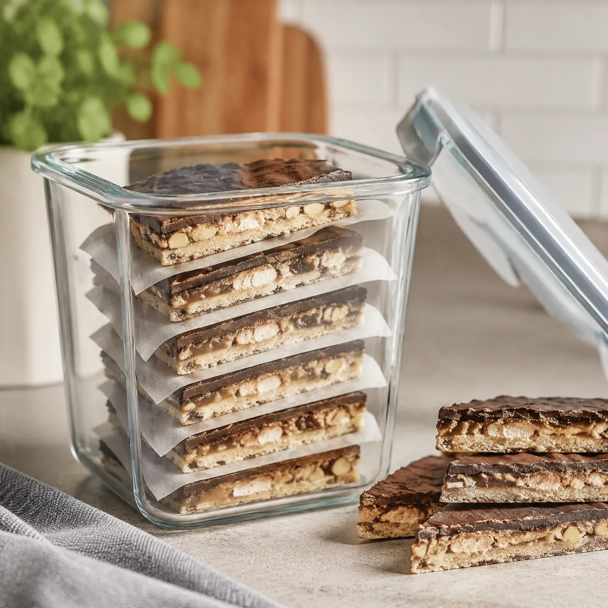 Storing 7 layer bars in an airtight container with parchment between layers