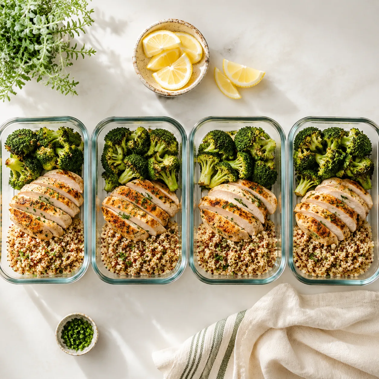 Meal prep containers with low calorie high protein meals for the week