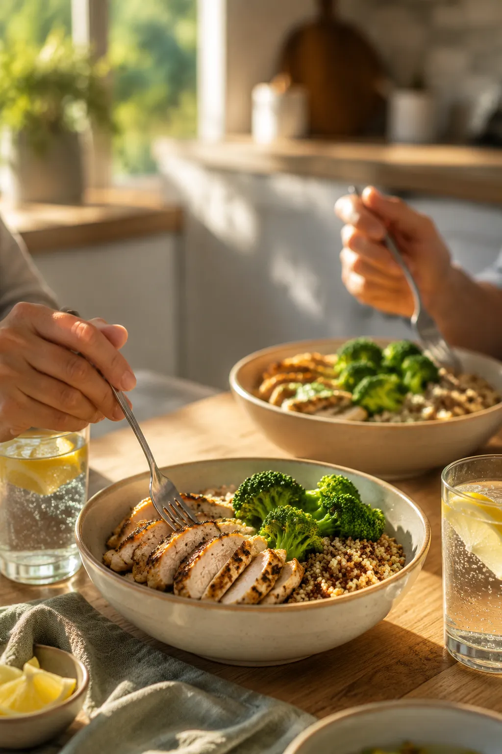 Sharing a high protein low calorie dinner at the kitchen table