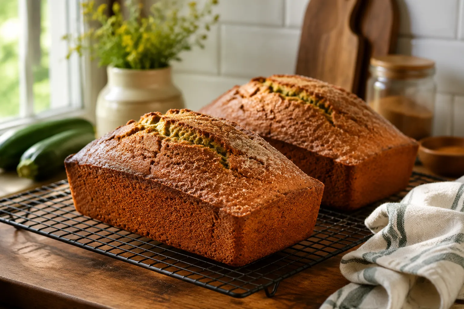 Two finished mom's zucchini bread loaves cooling on a wire rack