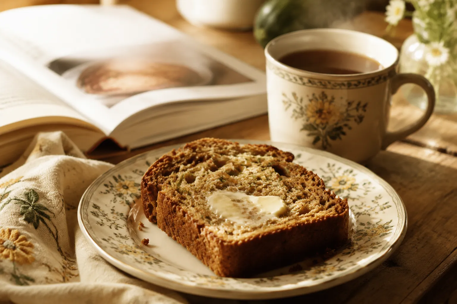 Slice of mom's zucchini bread served with butter and coffee