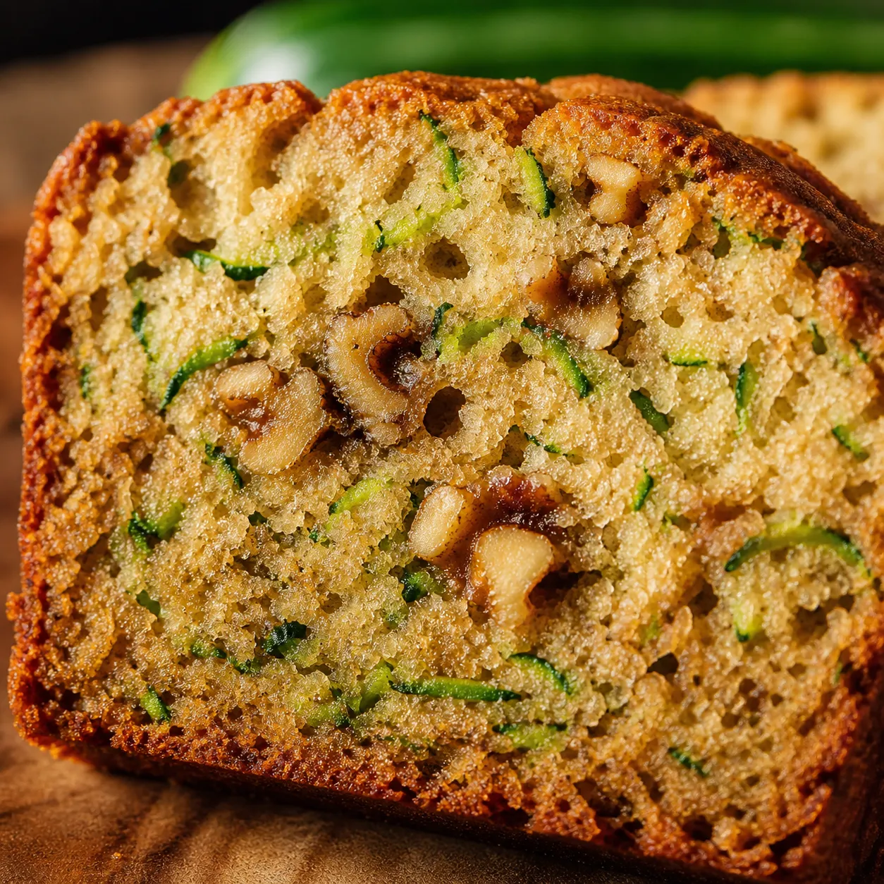 Moist crumb close-up of homemade zucchini bread with walnuts