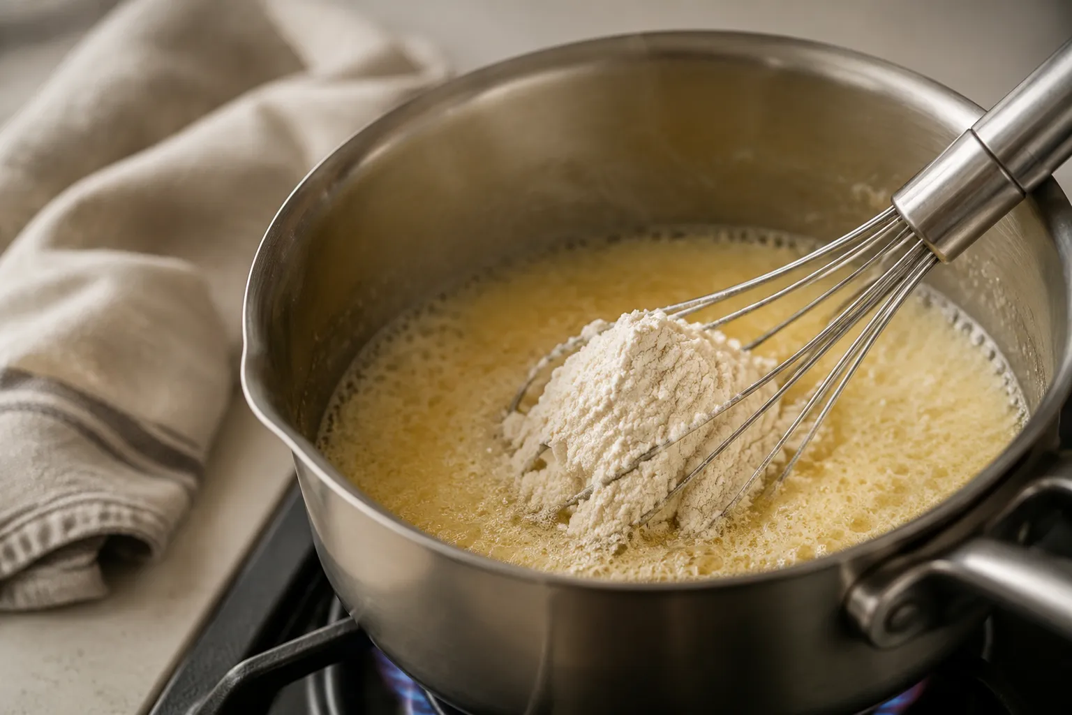Melted butter and flour forming a roux for white sauce