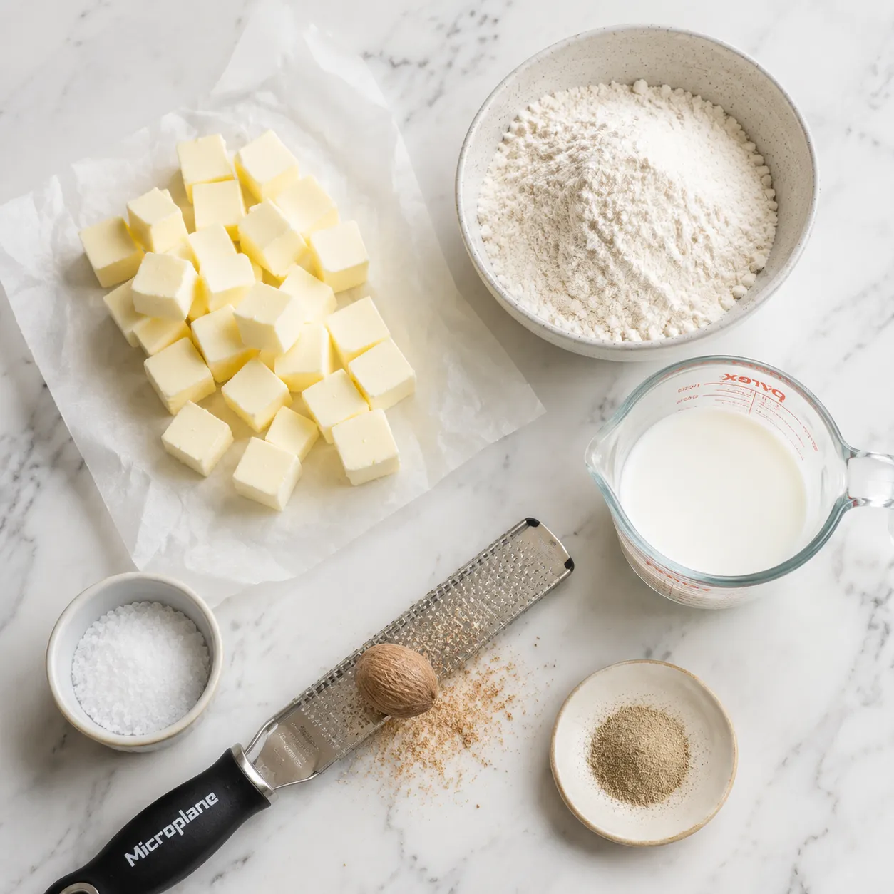 White sauce ingredients flatlay with butter, flour, milk, and nutmeg