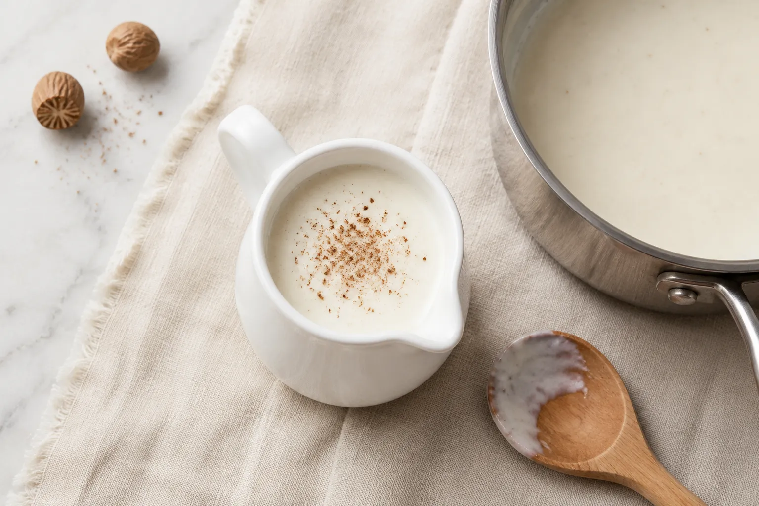 Finished white sauce recipe in a ceramic pitcher with nutmeg