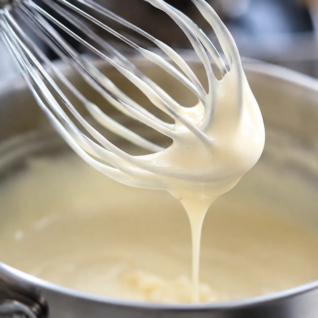Silky white sauce coating a whisk to show proper consistency