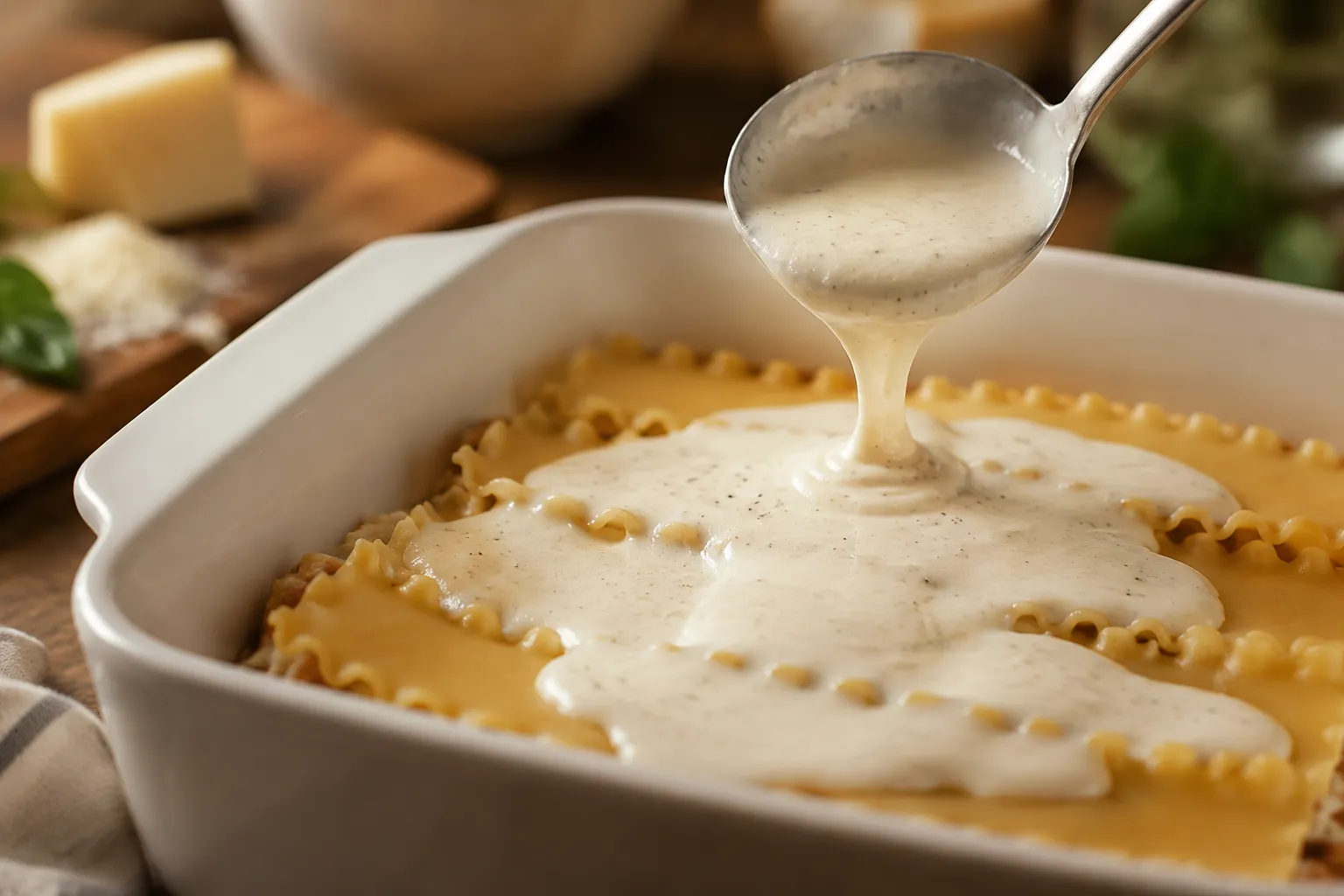 Pouring white sauce over lasagna noodles in a baking dish