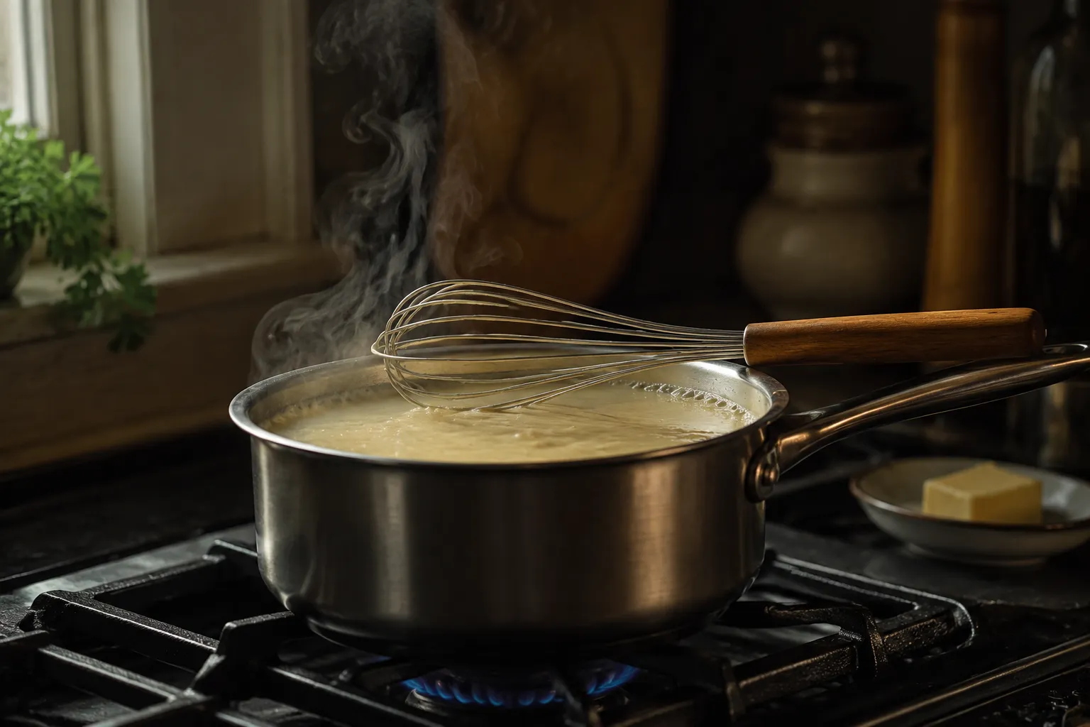 Simmering homemade white sauce gently to avoid lumps