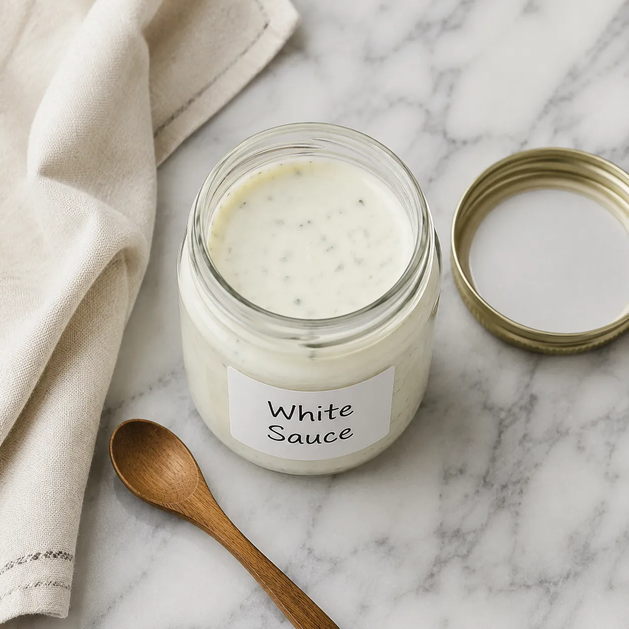 Homemade white sauce stored in a glass jar for the fridge