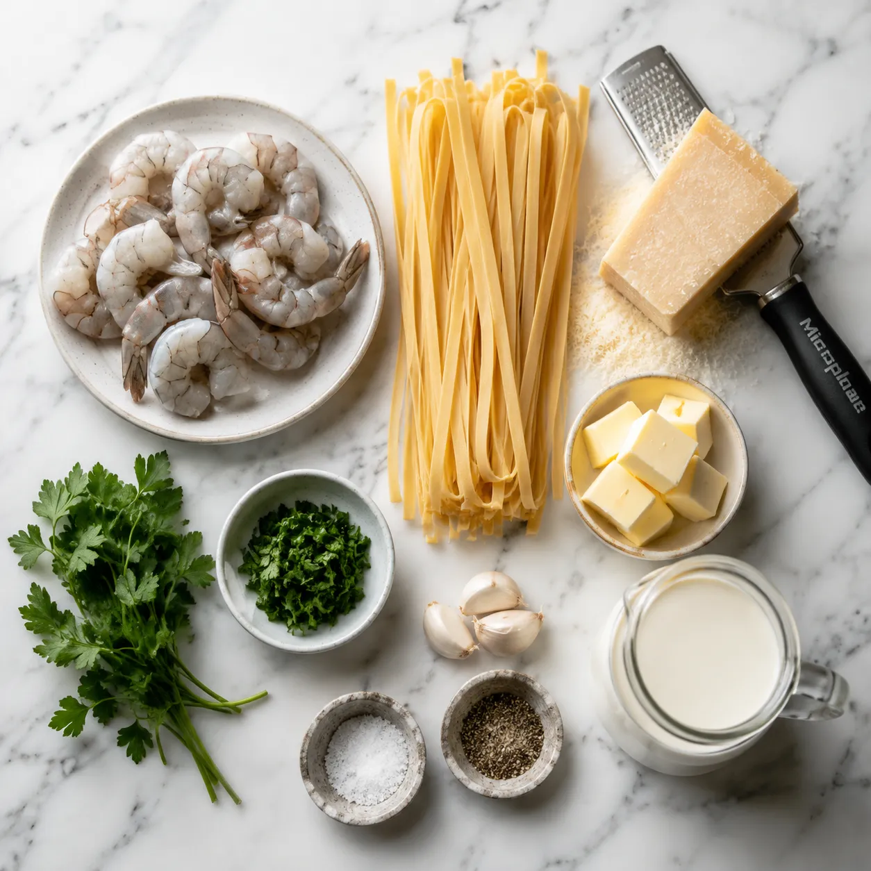 Shrimp alfredo ingredients flatlay including shrimp, fettuccine, parmesan, and cream