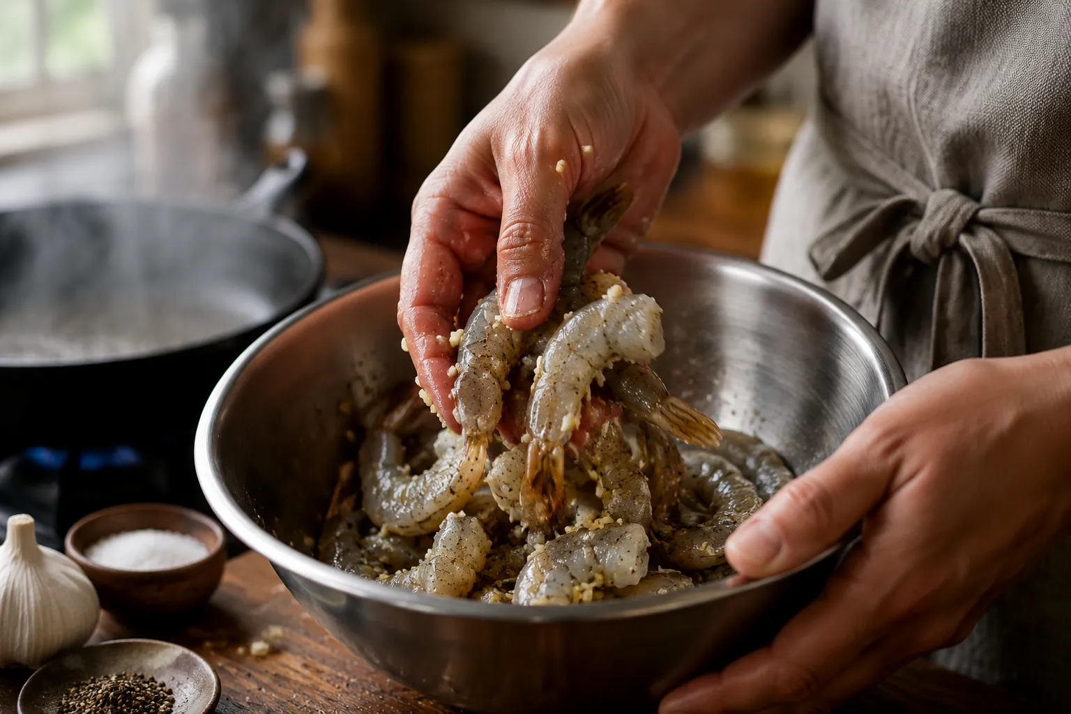 Seasoning raw shrimp for shrimp fettuccine alfredo recipe