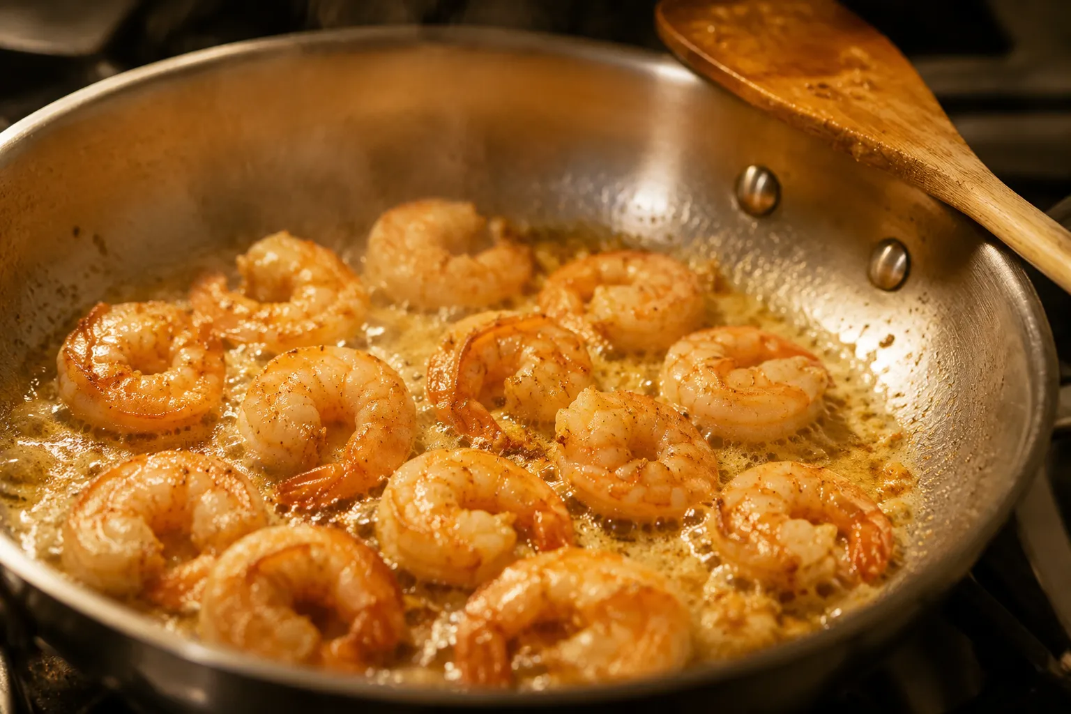 Garlic butter shrimp searing in a skillet for shrimp alfredo