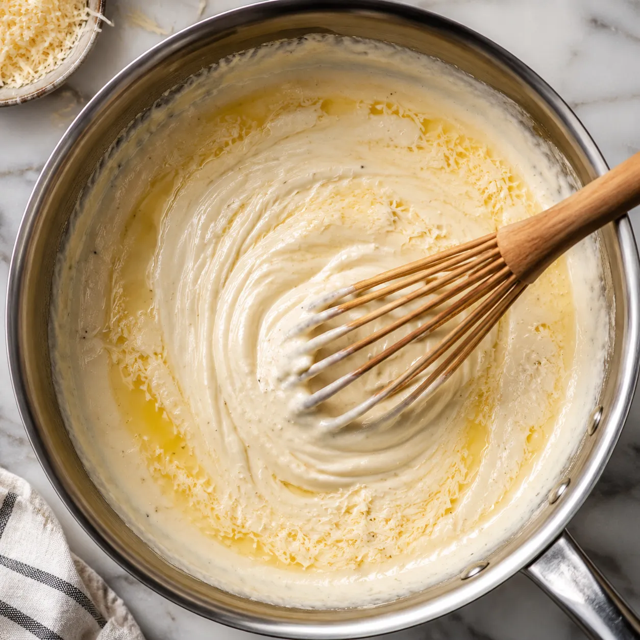 Whisking homemade parmesan alfredo sauce in a skillet