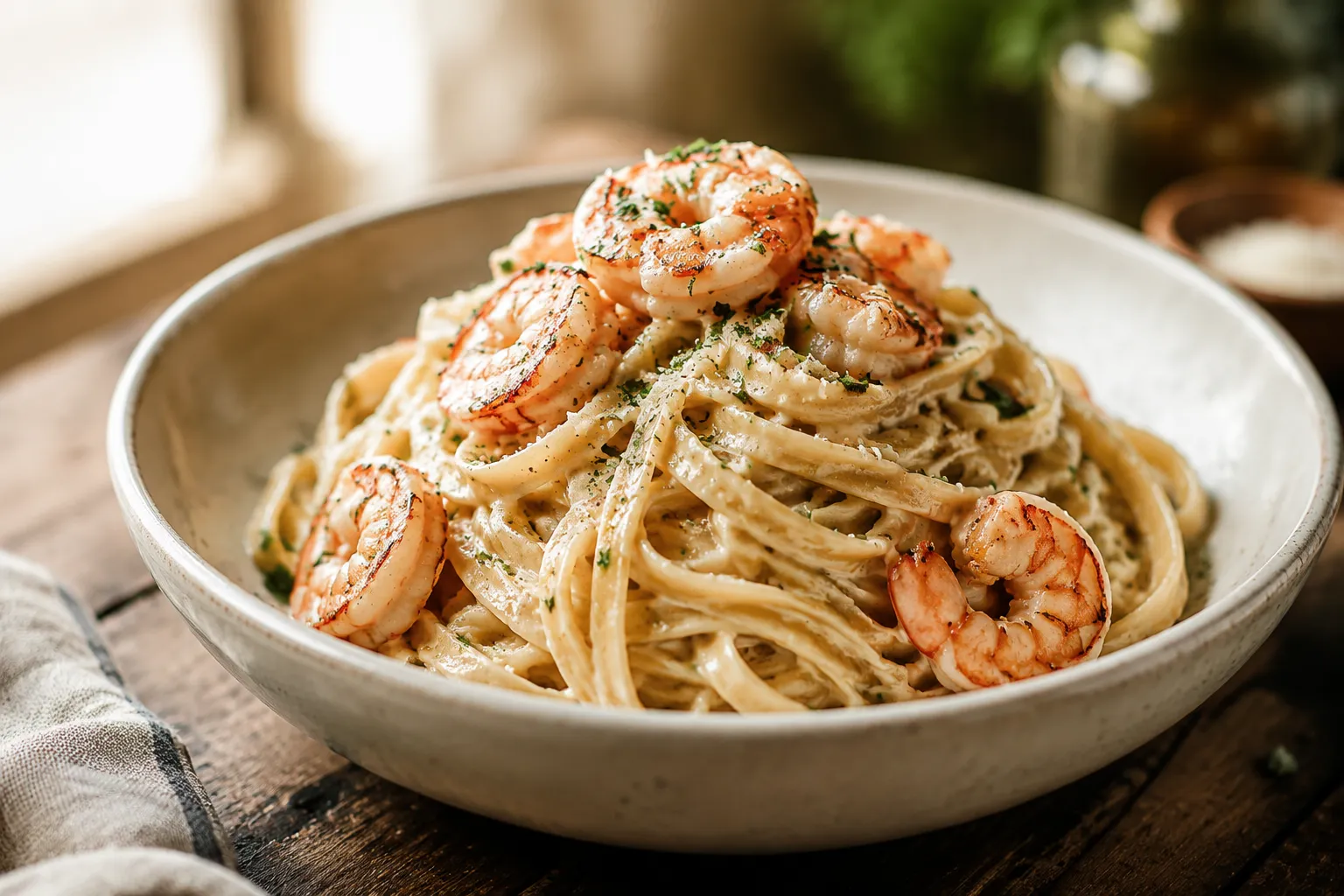Plated shrimp fettuccine alfredo with parsley and parmesan