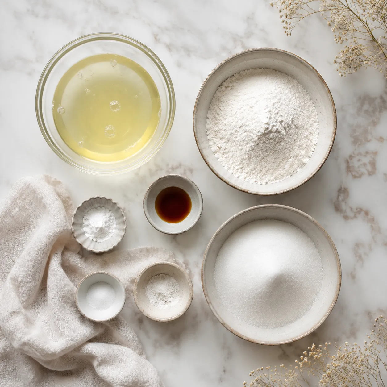 Angel food cake recipe ingredients flatlay with egg whites and cake flour