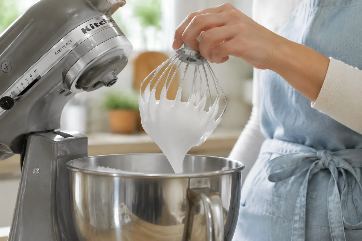 Whipping egg whites to stiff peaks for angel food cake