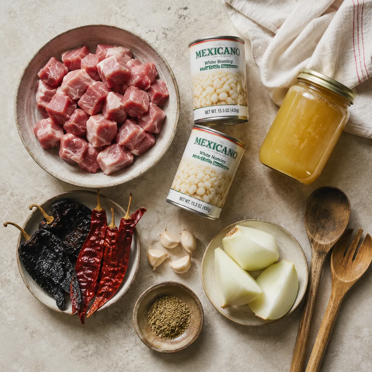 Ingredients for authentic posole including pork, hominy, and dried chiles
