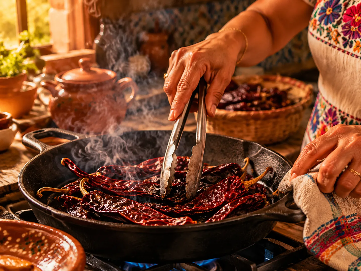 Toasting dried guajillo and ancho chiles in a cast iron skillet for posole