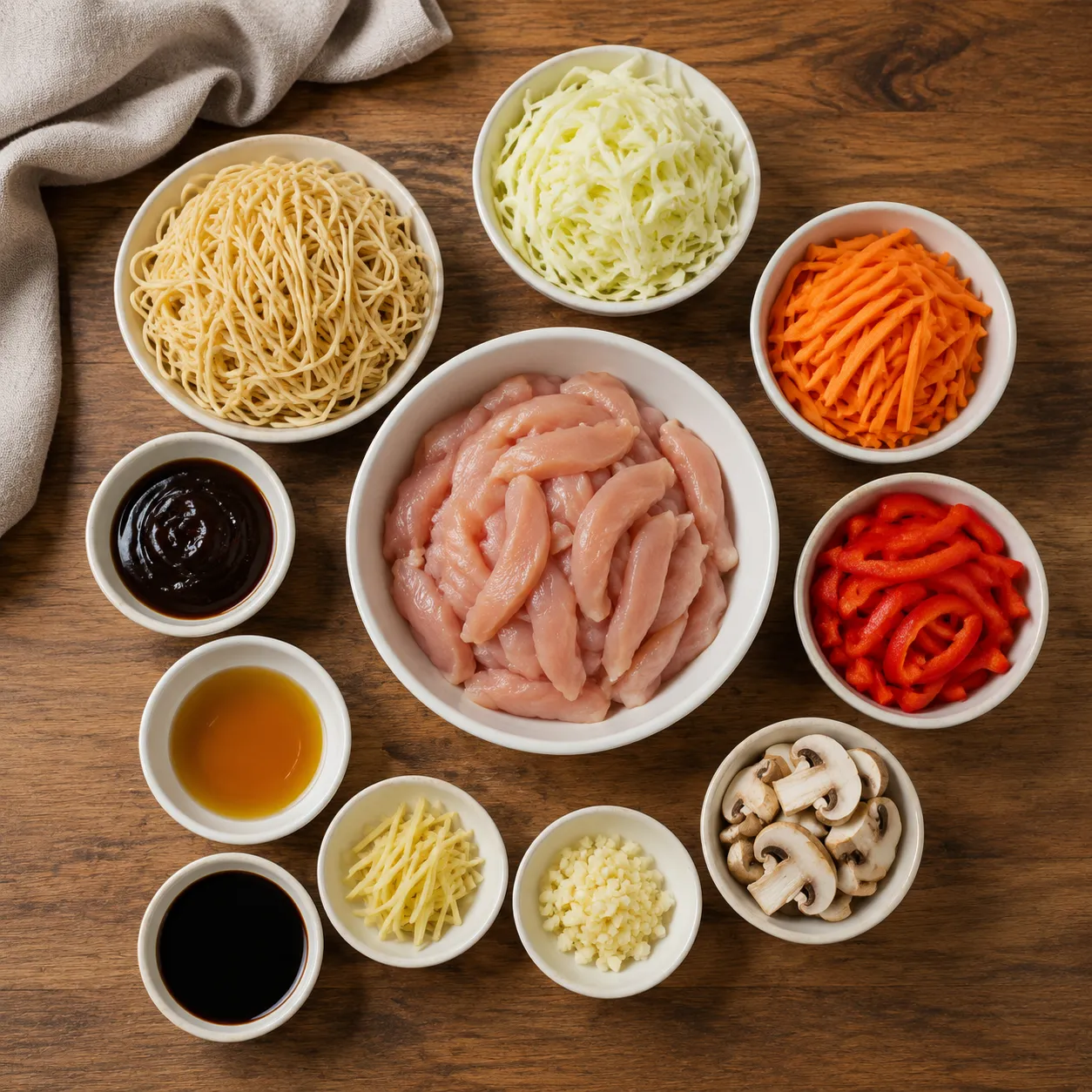 Chicken lo mein ingredients flatlay with noodles, chicken, vegetables, and sauces