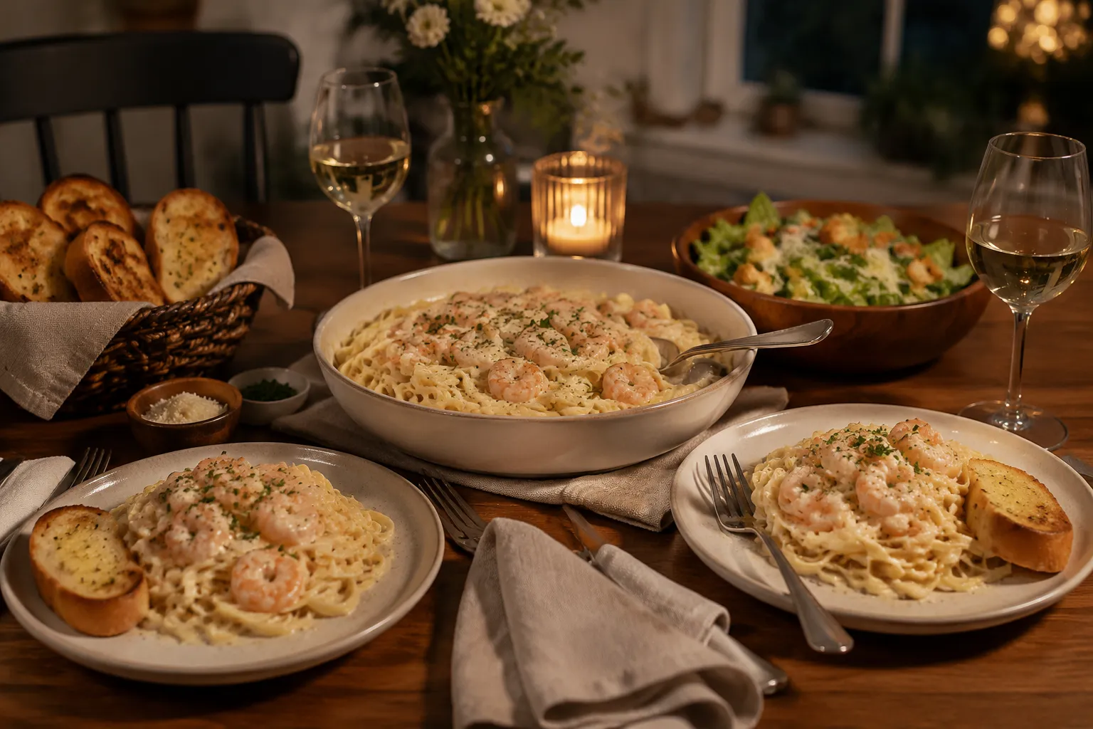 Shrimp alfredo dinner served with garlic bread, salad, and wine