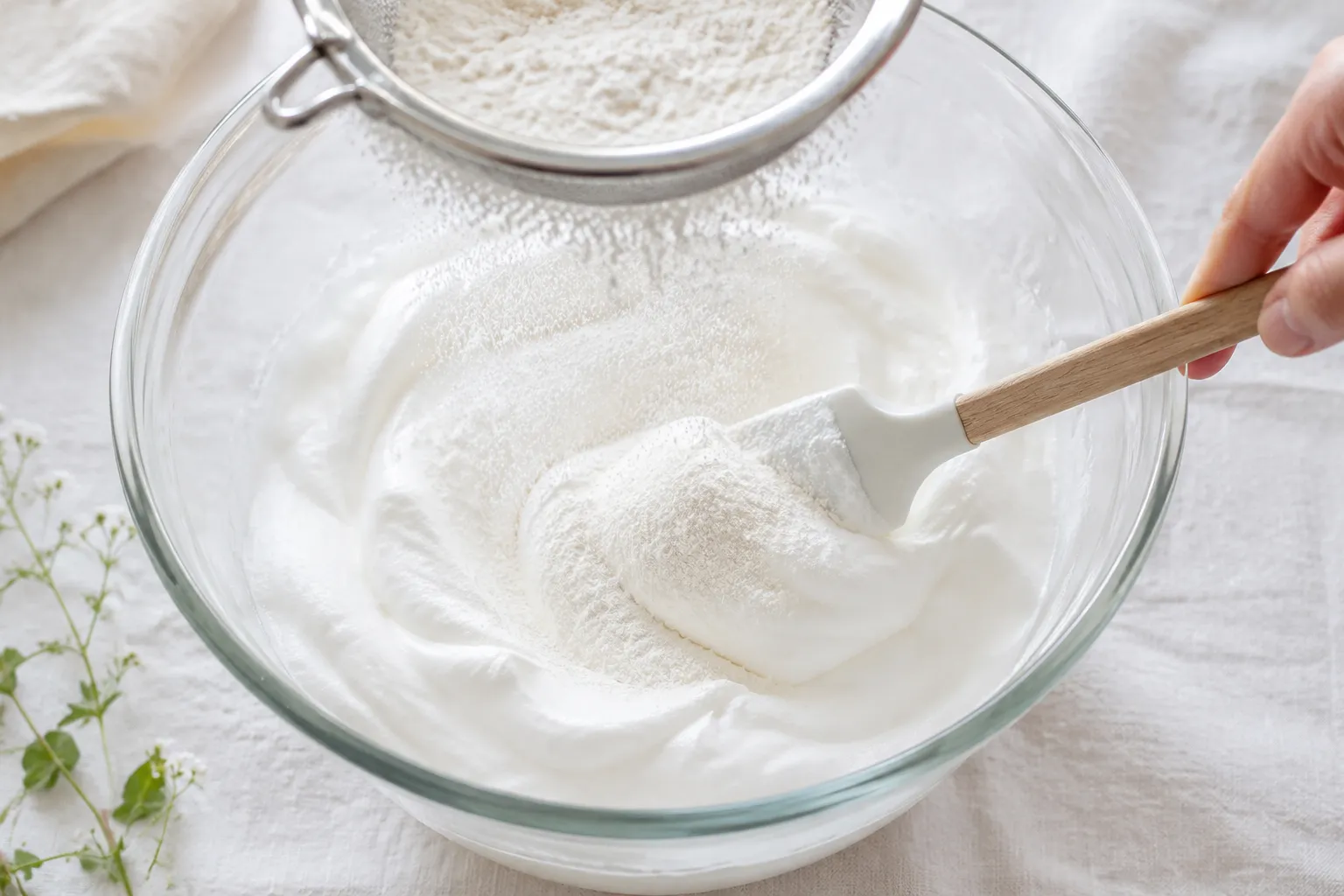 Folding cake flour into egg whites for angel food cake recipe