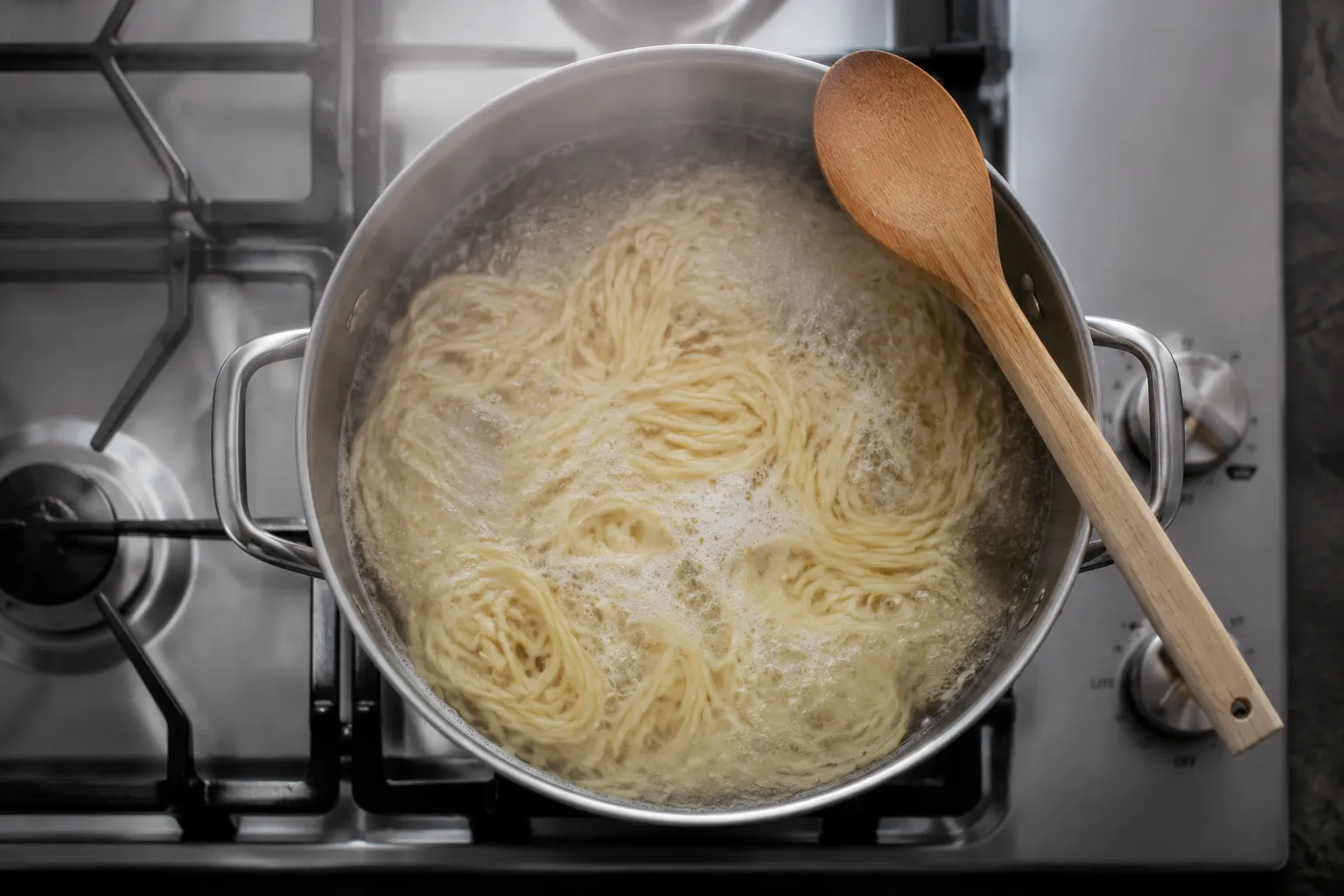 Boiling lo mein noodles in a pot of water