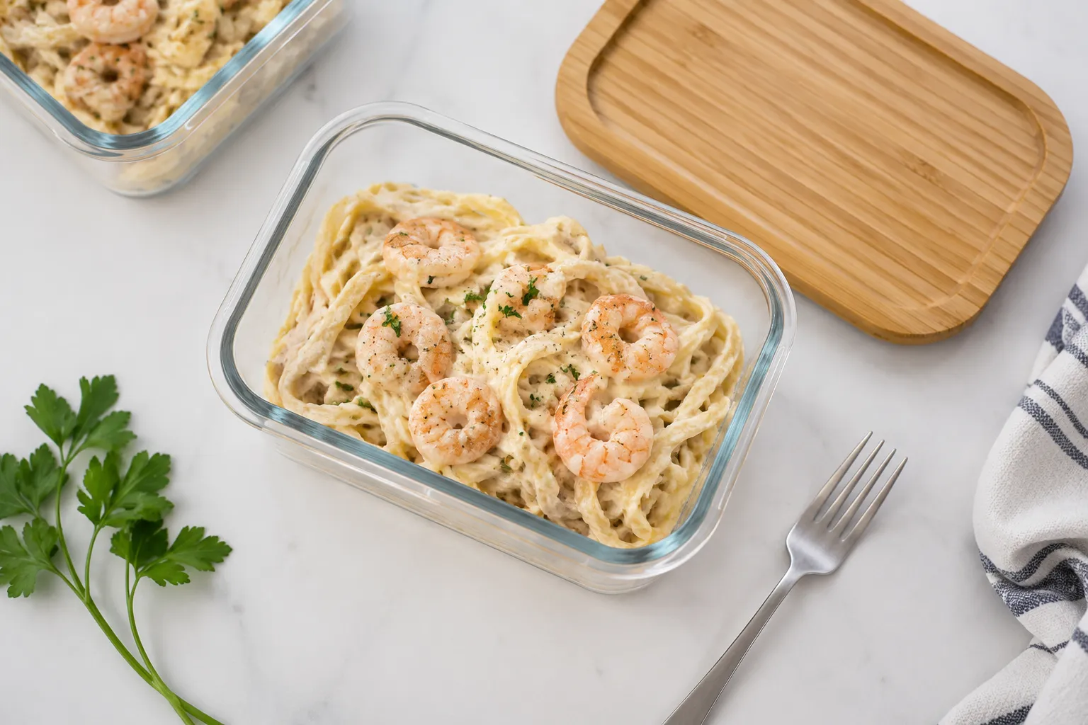 Storing leftover shrimp alfredo in a glass meal prep container