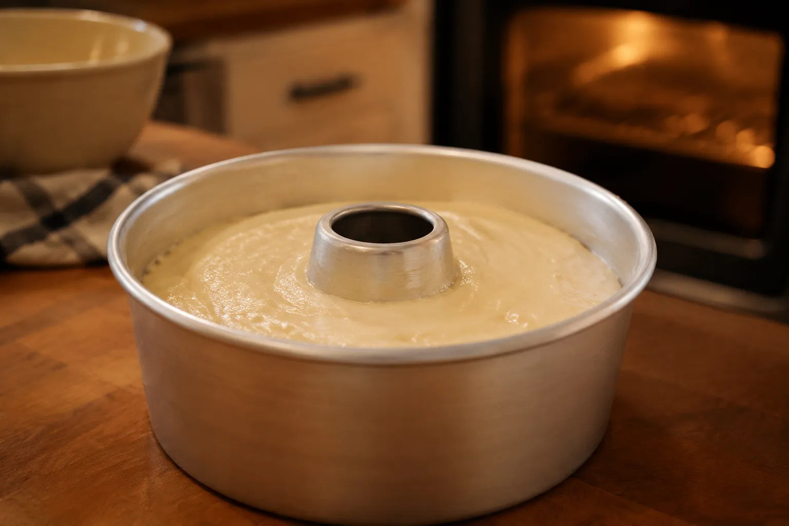 Angel food cake batter in a tube pan before baking