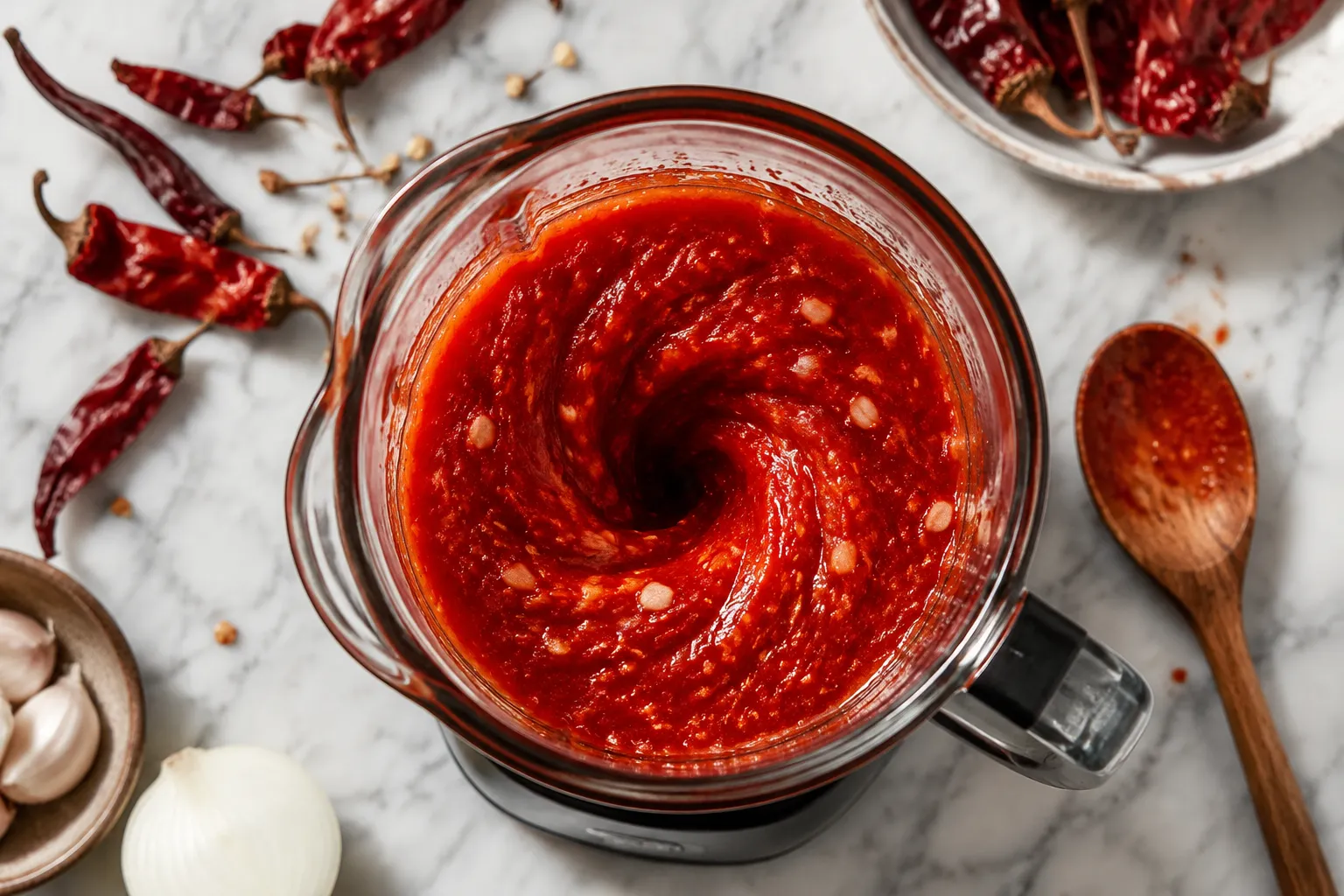 Blending red chile sauce for traditional posole rojo